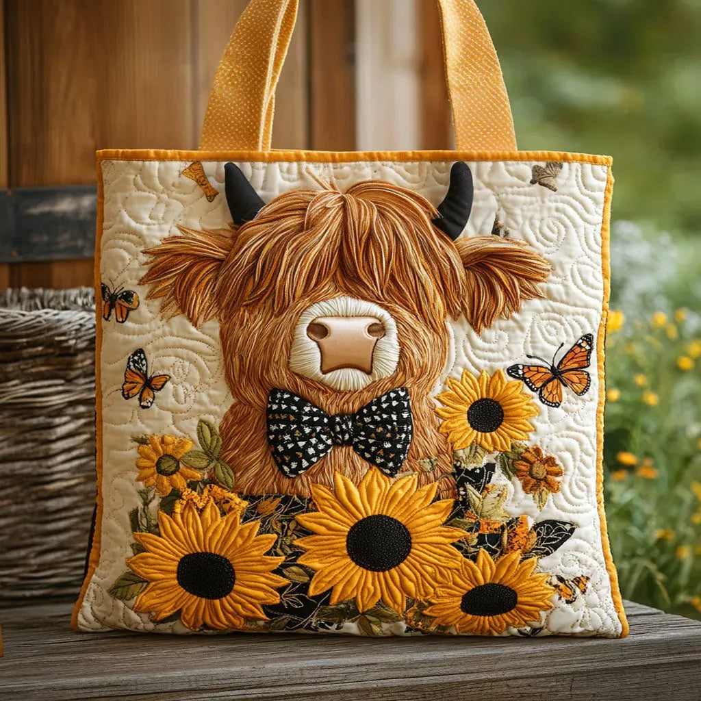 Embroidered Vintage Bag "Highland Cow and Sunflowers" — Rustic