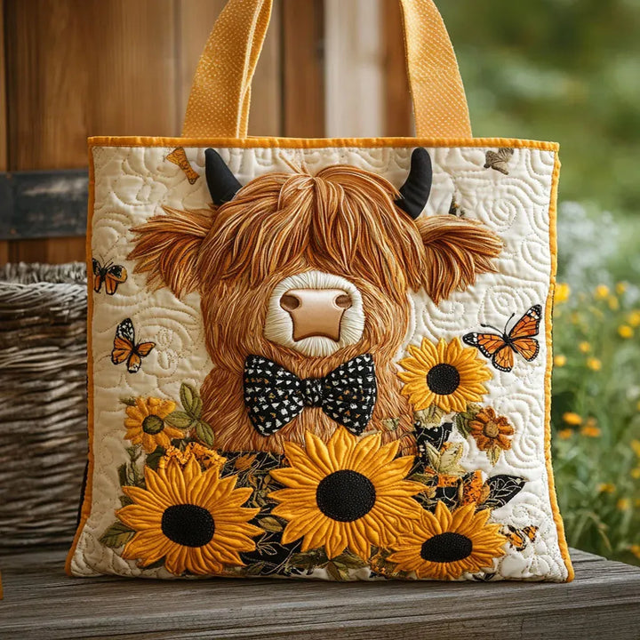 Embroidered Vintage Bag "Highland Cow and Sunflowers" — Rustic