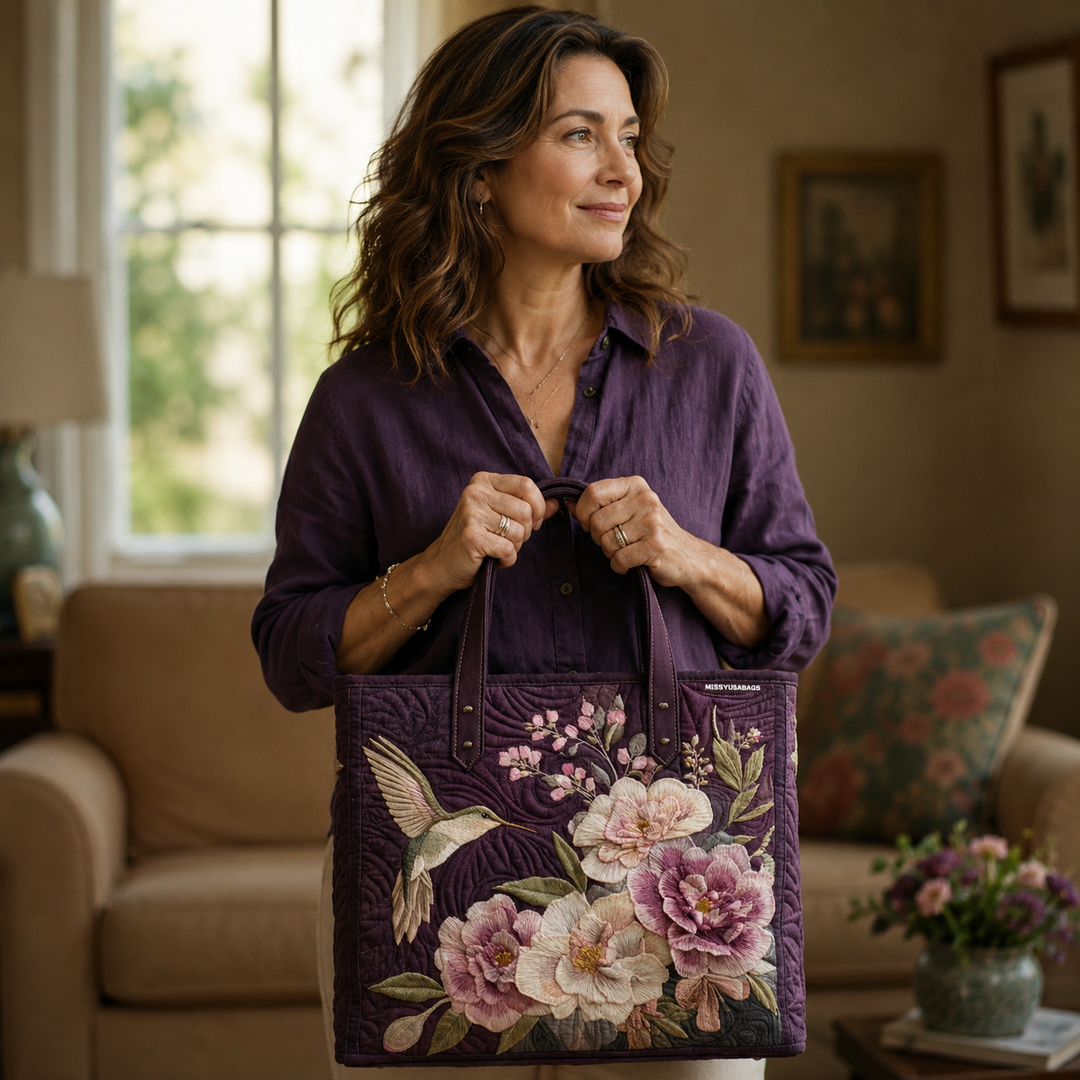 Embroidered Vintage Bag "Hummingbird and Peonies" — Bordeaux