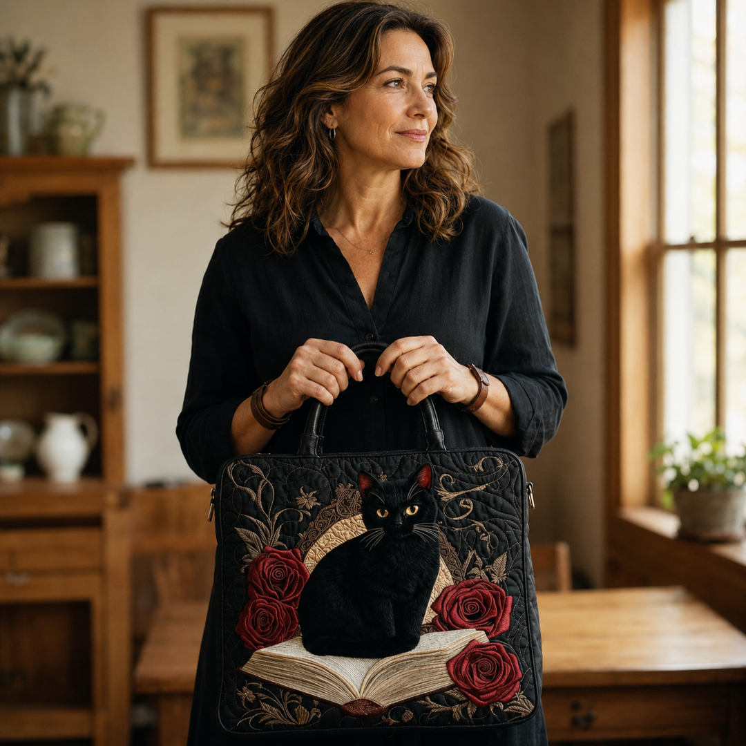 Vintage Handbag "Black Cat, Book and Roses" — Gothic